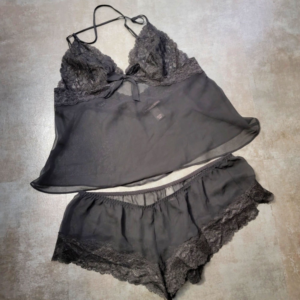 Victoria's Secret Black Two Piece Cami Top with Shorties Lace Sleepware, Medium